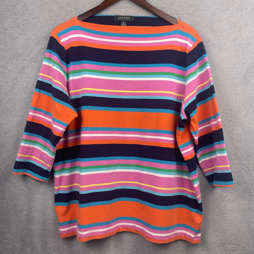 Lauren Ralph Lauren Striped Top Womens SZ 2X Multicolor Boat Neck 3/4 Sleeves